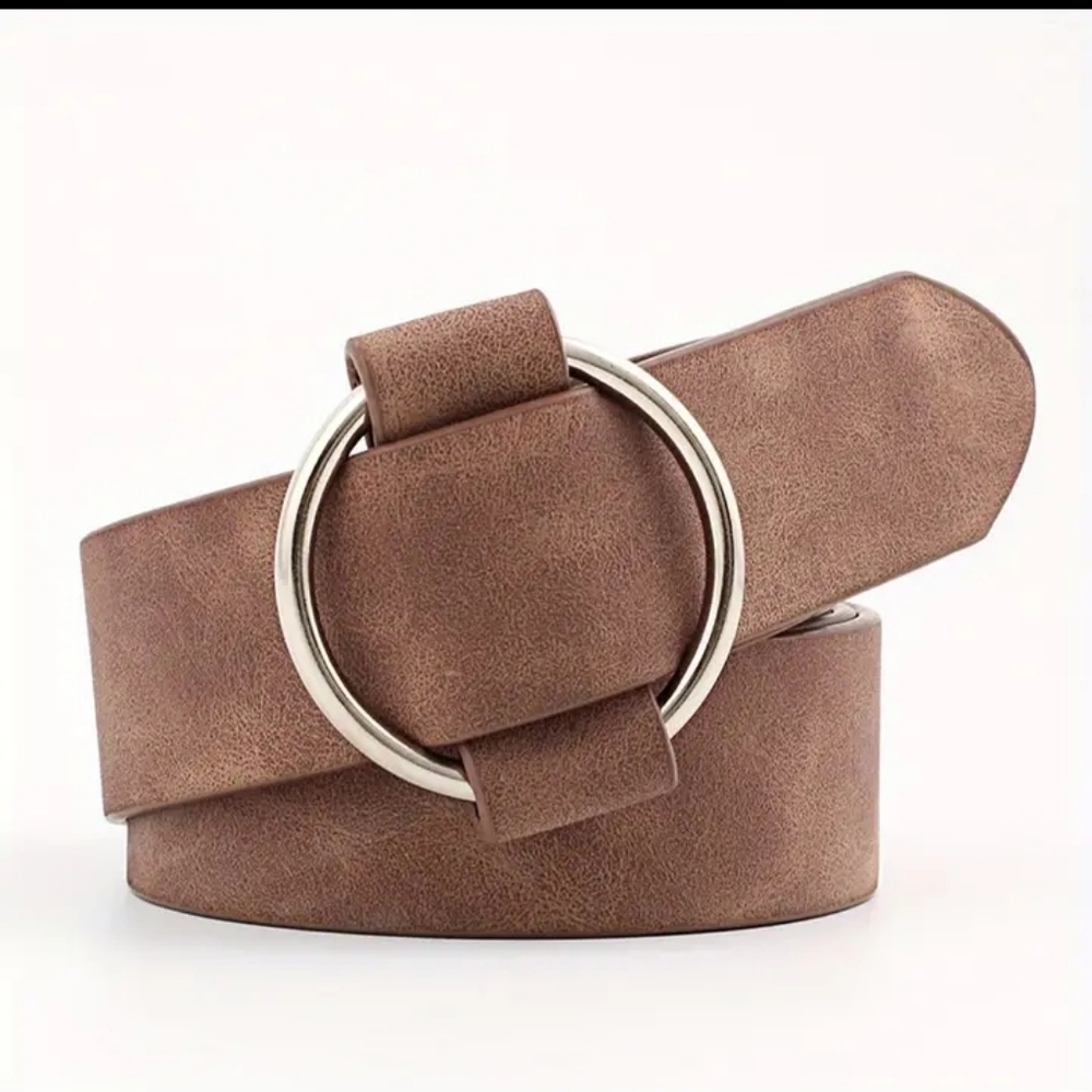 Vegan Soft Suede Leather  Round Silver Buckle Belt Coffee Color